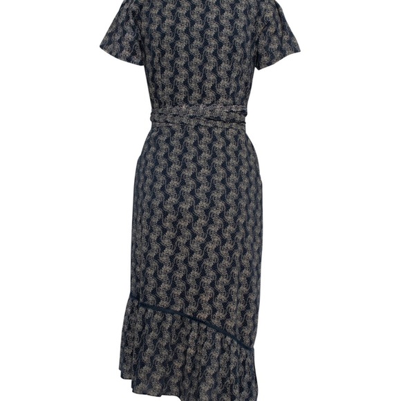 St. Roche - Floral Midi Wrap Cotton/Linen summer Dress XS in Navy Blue Tan (0/2) - Picture 2 of 5